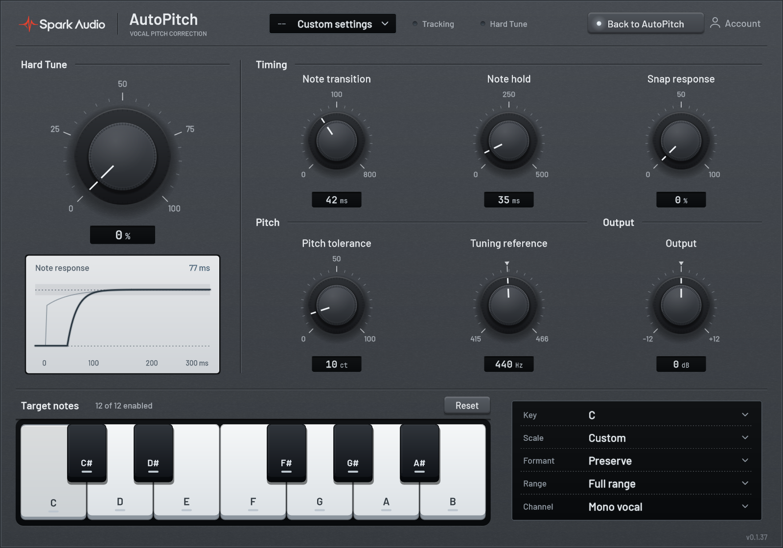 Actual Spark AutoPitch Detailed tuning page with additional tuning knobs, shared menus and the target-note keyboard on a graphite faceplate.