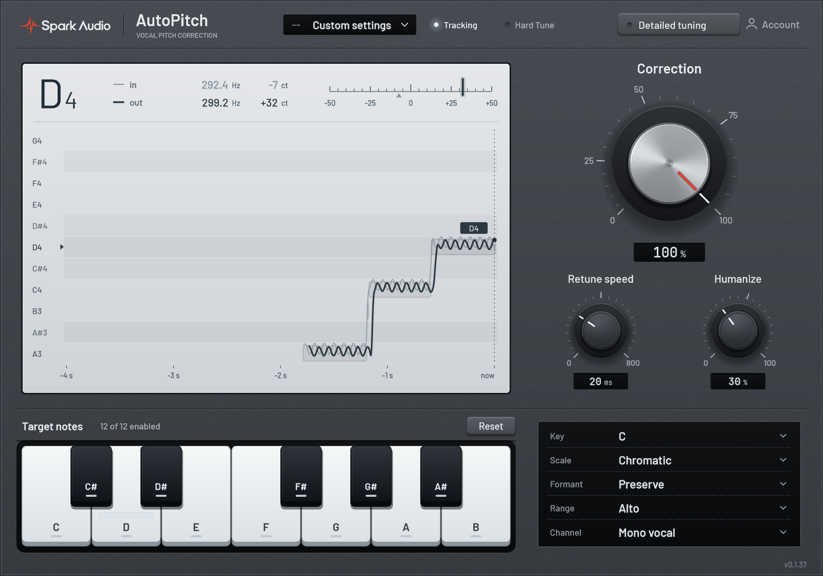 Actual Spark AutoPitch editor with a graphite faceplate, chrome Correction knob, light matte pitch monitor, tuning controls and target-note keyboard.