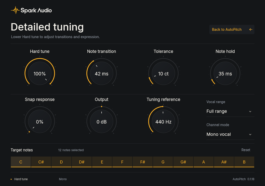 The AutoPitch Detailed tuning page, with Hard tune at 100%, Note transition, Tolerance, Note hold, Snap response, Output, Tuning reference, Vocal range, Channel mode and the twelve Target notes.