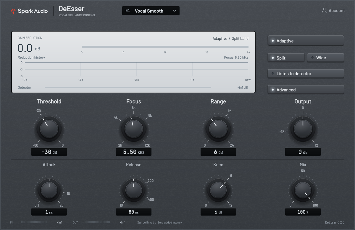 Actual Spark DeEsser 0.2.0 Advanced view with Threshold, Focus, Range, Output, Attack, Release, Knee and Mix controls