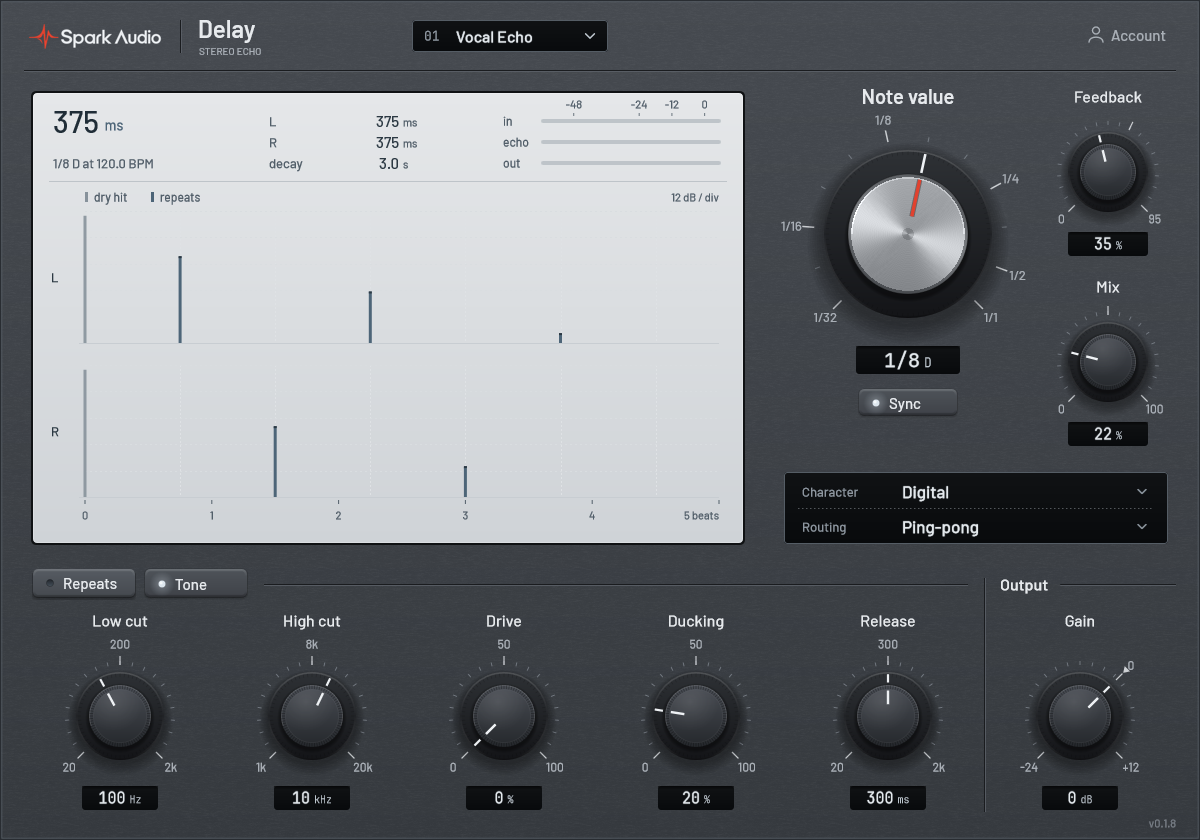 Actual Spark Delay Tone page with filter and modulation controls on a graphite faceplate.