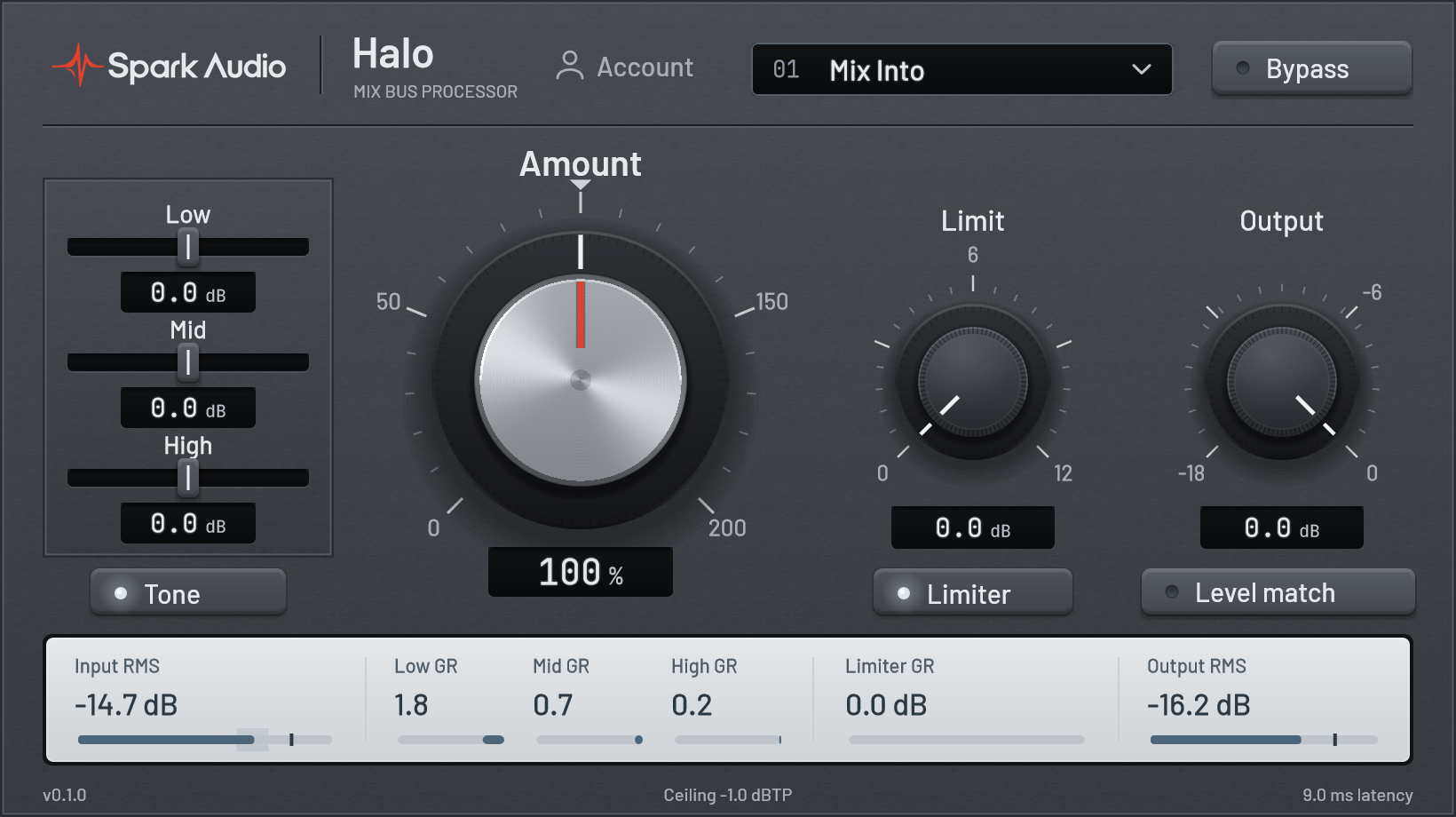 Actual Spark Halo editor with the Tone section open for low, mid and high adjustments.