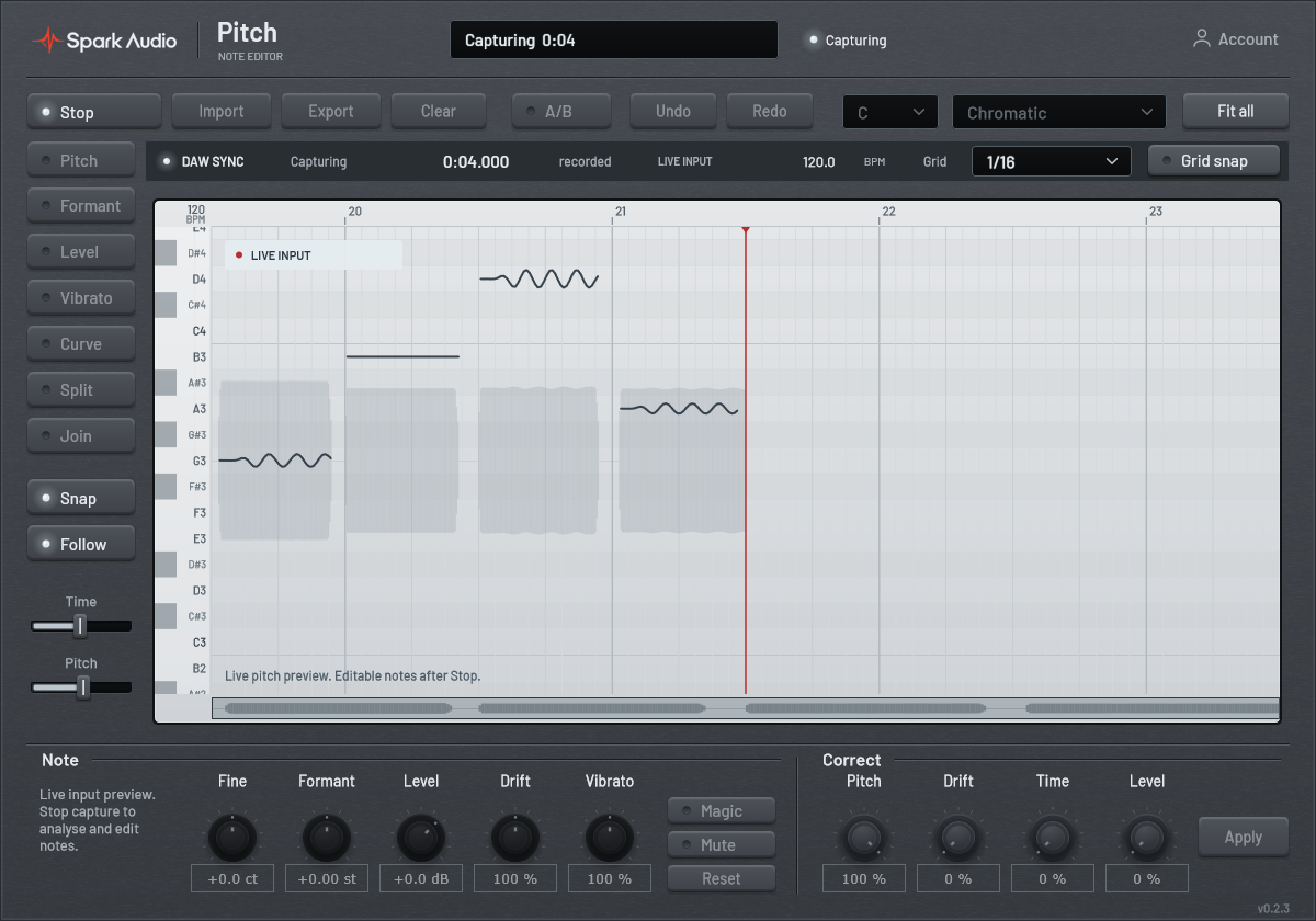Spark Pitch recording a vocal with a live waveform, provisional pitch trace and recording cursor
