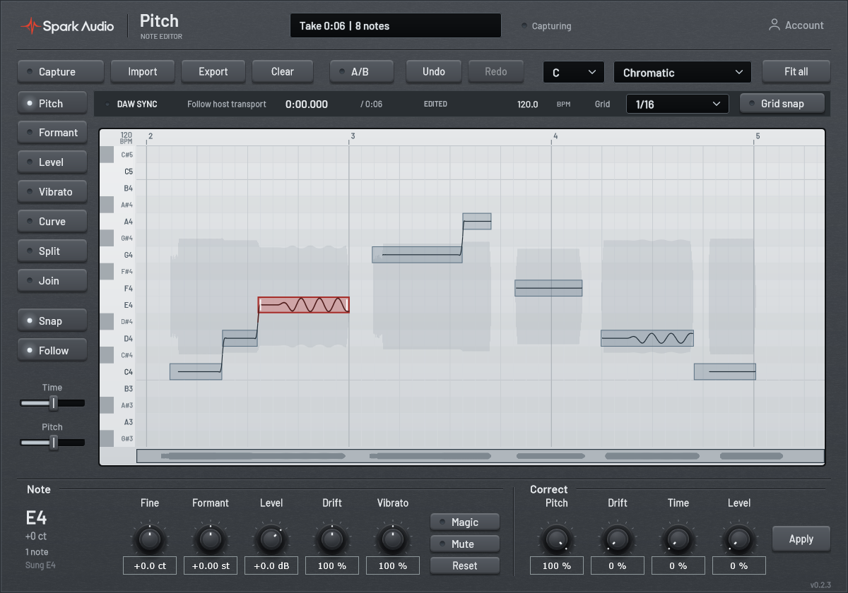 Spark Pitch: Selected note and detailed controls