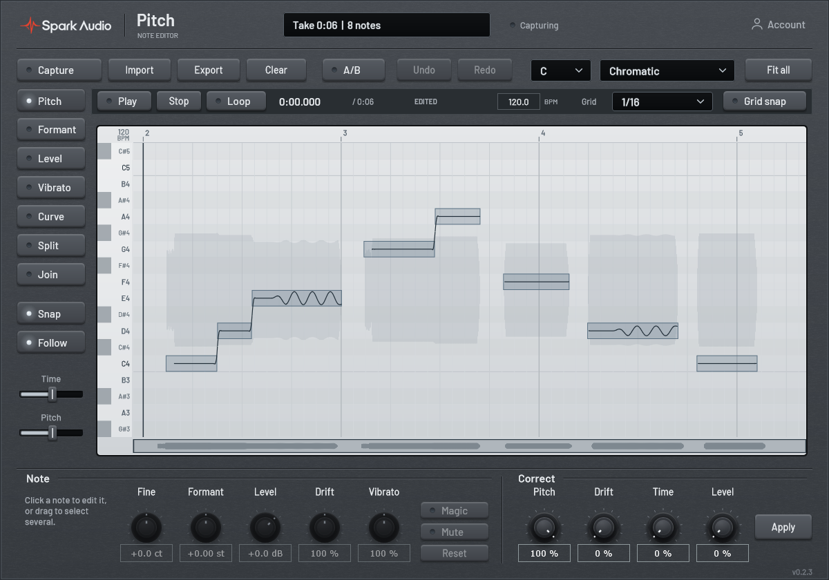 Spark Pitch standalone app with Play, Stop, Loop, tempo and timing-grid controls.